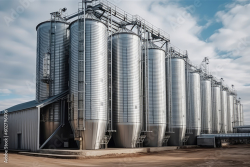 silver silos of granary elevator on agro-process, generative ai