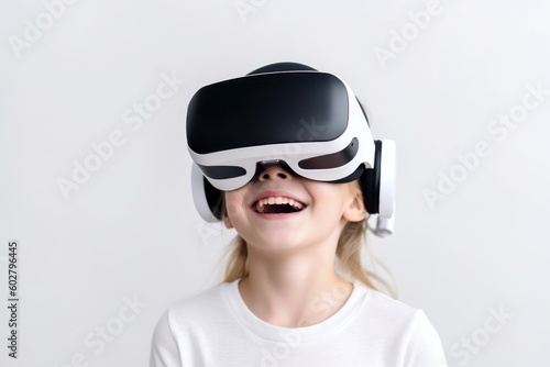 Girl child in virtual reality glasses. VR concept. AI generated, human enhanced