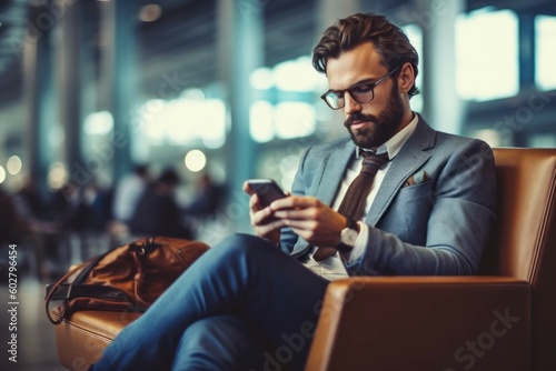 Male businessman with smartphone in airport lounge. AI generated, human enhanced. photo