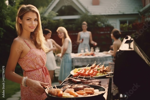 Family on a picnic. Family meeting with barbecue. AI generated, human enhanced photo