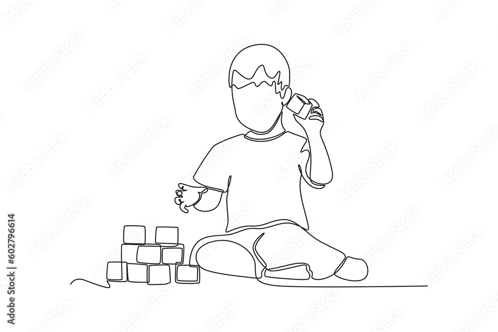 Single one line drawing happy toddler kids playing with toy. Educational games kids concept. Continuous line draw design graphic vector illustration. Single one line drawing happy toddler kids playing with toy. Educational games kids concept. Continuous line draw design graphic vector illustration.