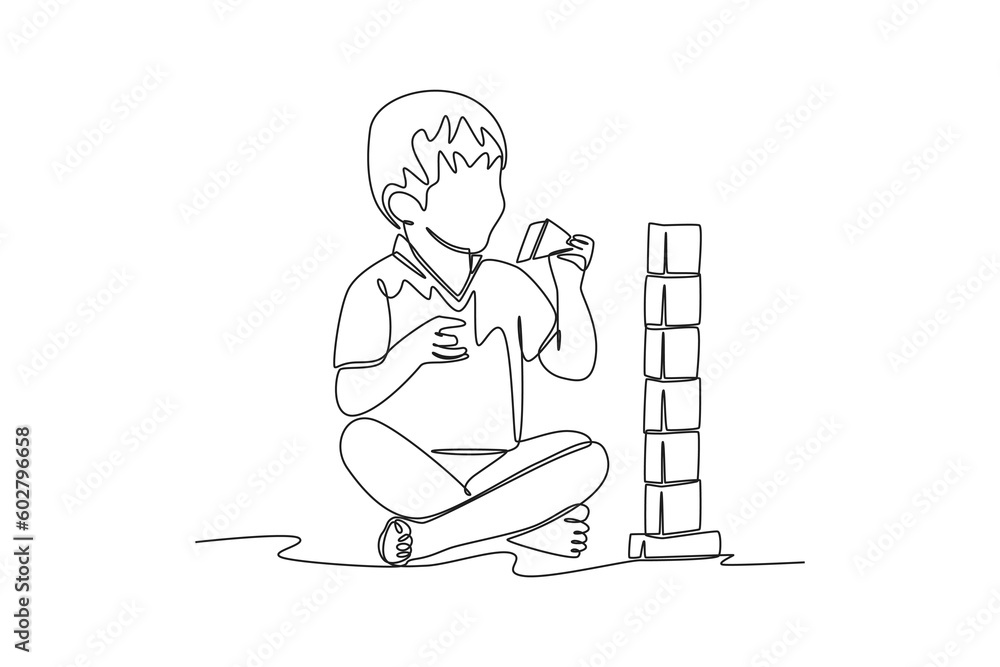 Single one line drawing happy toddler kids playing with toy. Educational games kids concept. Continuous line draw design graphic vector illustration.
