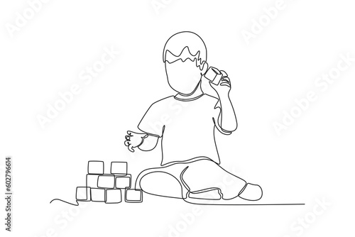 Single one line drawing happy toddler kids playing with toy. Educational games kids concept. Continuous line draw design graphic vector illustration.