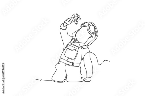Single one line drawing happy toddler kids playing with toy. Educational games kids concept. Continuous line draw design graphic vector illustration.