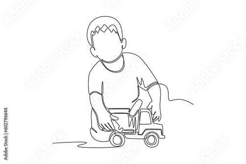Single one line drawing happy toddler kids playing with toy. Educational games kids concept. Continuous line draw design graphic vector illustration.