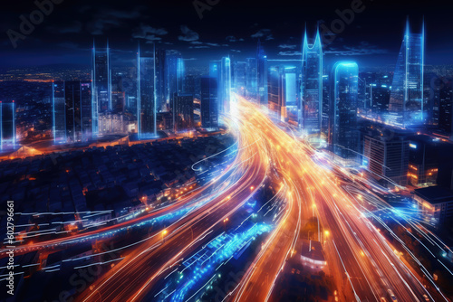 smart digital city with hihg speed ligth trail  night  generative ai