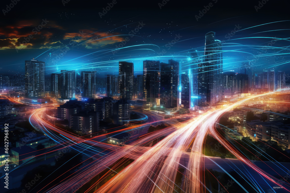 smart digital city with hihg speed ligth trail, night, generative ai