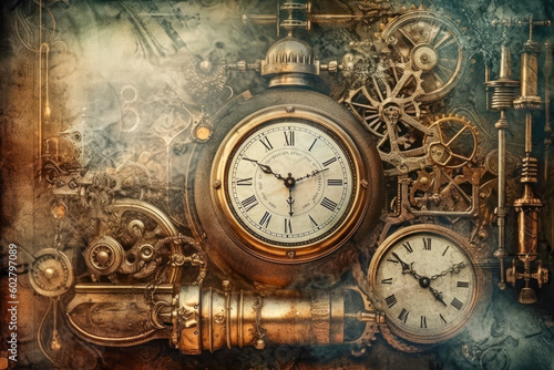 steampunk grunge clocks background, generative ai