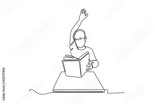 Single one line drawing happy boy raise his hand to the question. Class it up concept. Continuous line draw design graphic vector illustration.