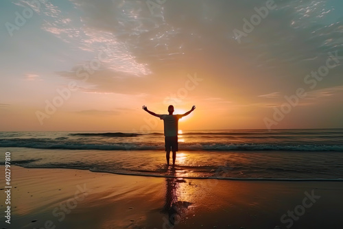 young man arms up by the sea sunrise enjoying, generative ai