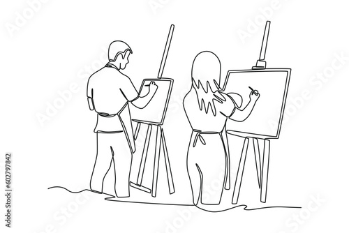 Single one line drawing happy people study together in painting class. Class it up concept. Continuous line draw design graphic vector illustration.