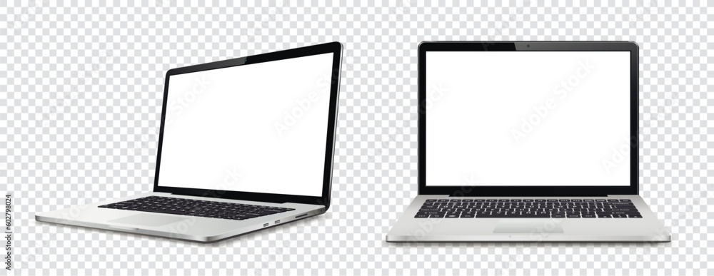 Laptop computer with white screen on transparent background - obrazy, fototapety, plakaty 