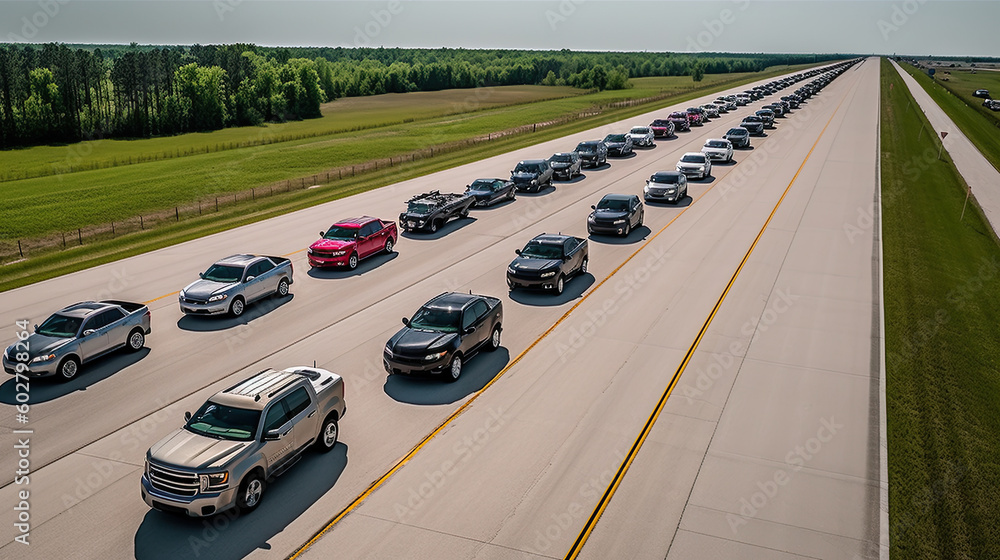 a long line of cars driving down a highway. Generative Ai
