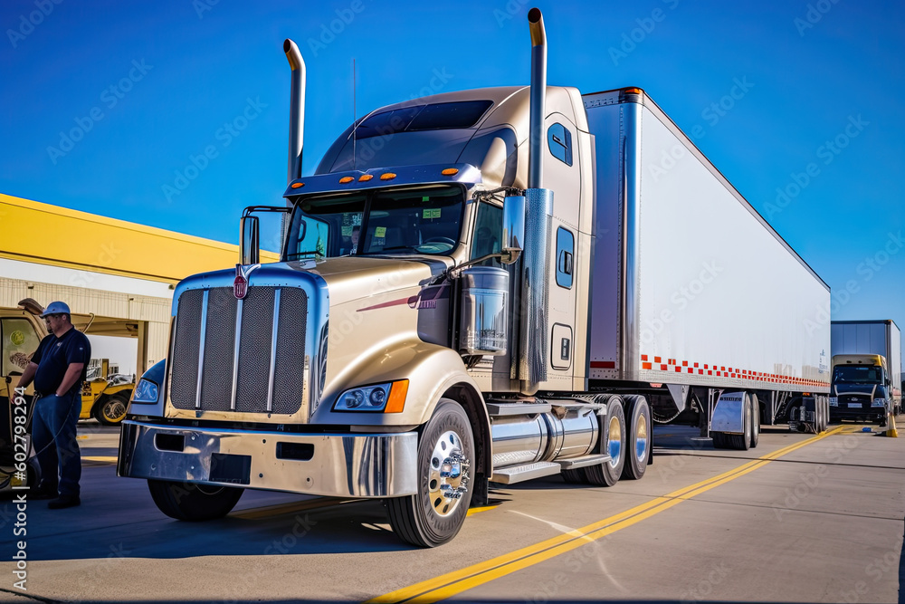 a large semi truck parked at a gas station. Generative Ai a large semi truck parked at a gas station. Generative Ai
