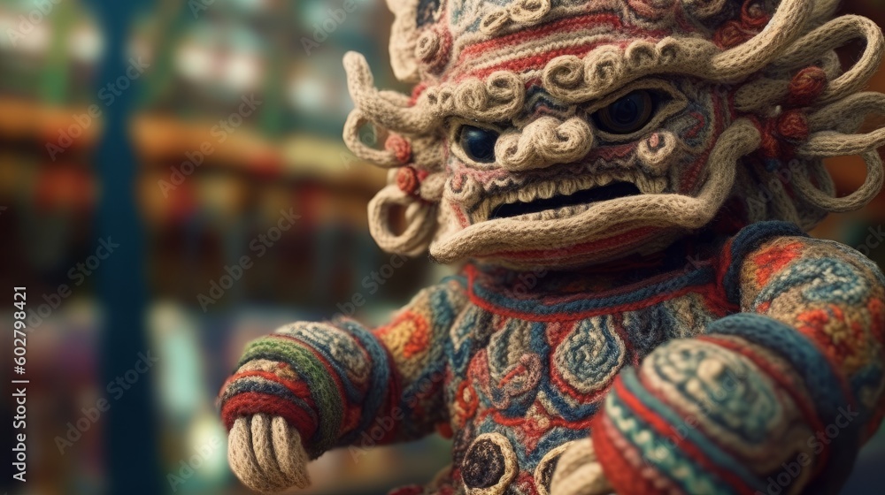 Fototapeta premium Crocheted , a statue of a dragon with a chinese character, generative AI