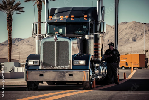 a police officer standing next to a semi truck. Generative Ai