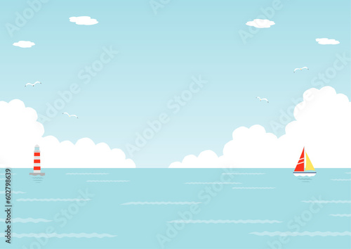 飛ぶカモメやヨットが浮かぶ海の背景イラスト_5_横
