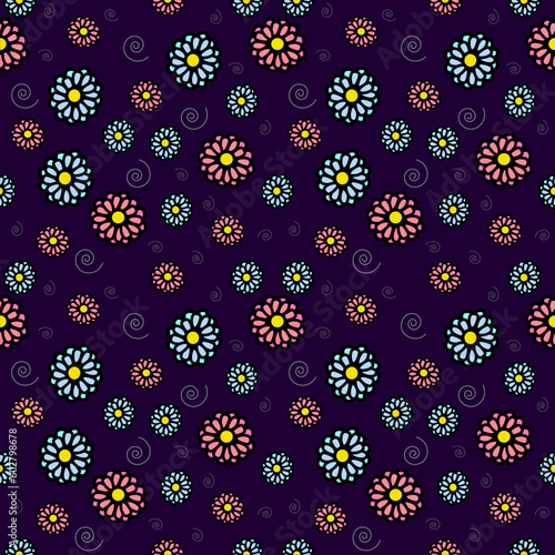 Hand drawn Flower Power repeating pattern background floral design seamless dark backdrop