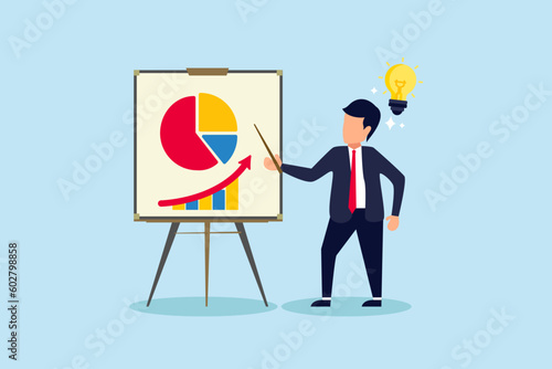 Sales pitch or presentation for business idea and opportunity, presenting proposal or plan to client or prospect, convince or selling concept, confidence businessman present sales pitch on whiteboard.