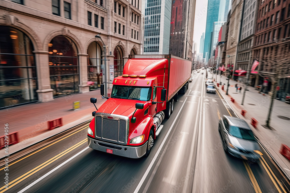 Fototapeta premium a red truck driving down a city street. Generative Ai