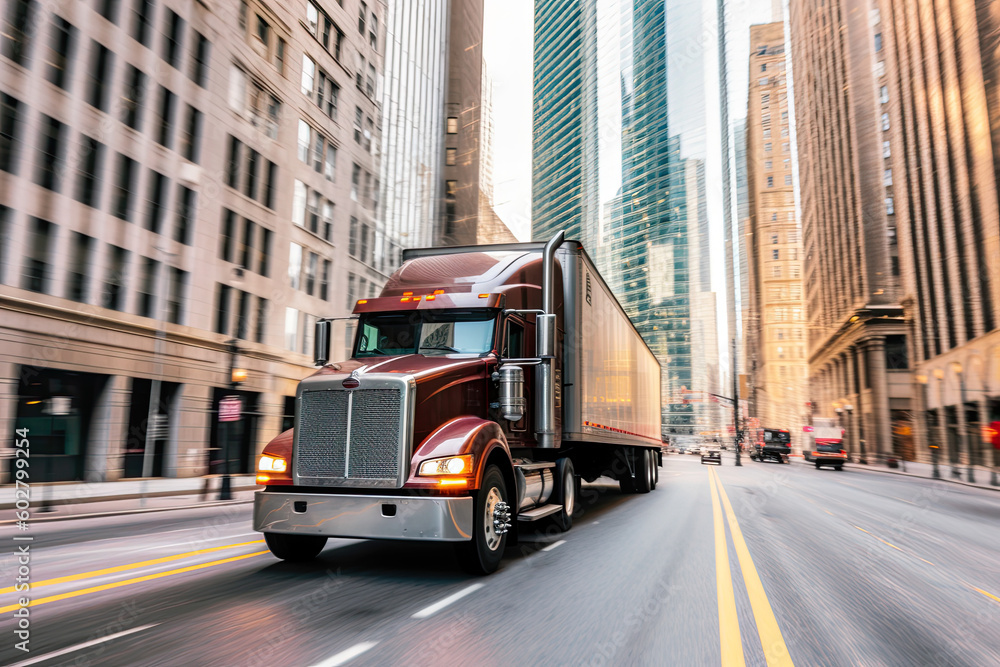 a semi truck driving down the street in the city. Generative Ai a semi truck driving down the street in the city. Generative Ai