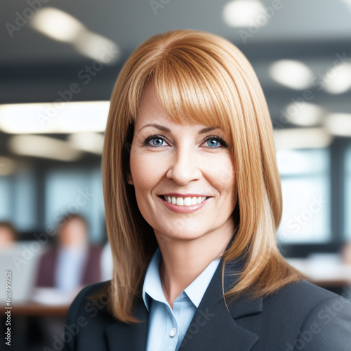 Office worker in blazer looking towards camera with determined expression. Determination, productivity, career concept created with generative AI. photo