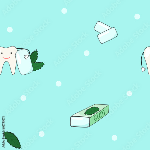 Seamless pattern with cute tooth character and mint gum pads, doodle style flat vector