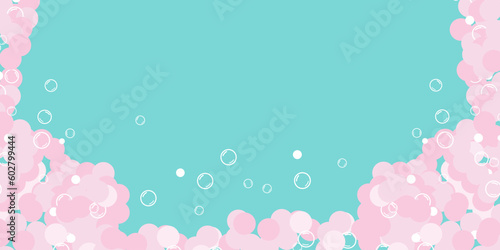 A pile of foam on a blue background. Website template, banner, foam party flyer. Aqua park, swimming pool. Horizontal vector illustration.