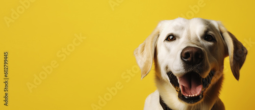 Labrador dog on yellow background with copy space. Generative AI. photo