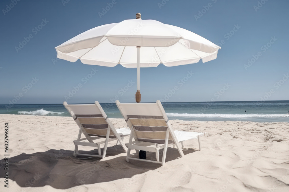 Enjoy a leisurely vacation with two beach chairs and umbrellas set up on the sandy shore, overlooking the vast ocean. AI Generative.
