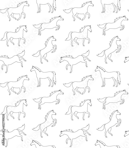 Vector seamless pattern of flat hand drawn outline horse isolated on white background