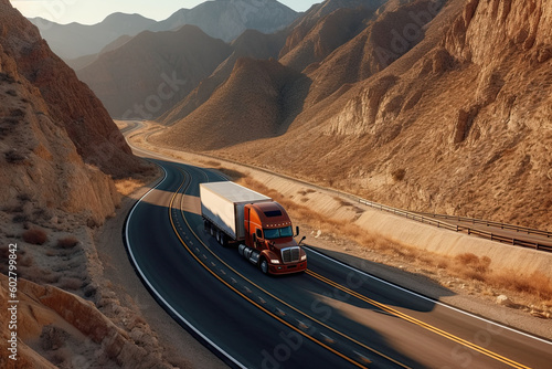 a semi truck driving down the road in the mountains. Generative Ai