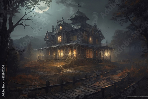 Ai artwork illustration of a Halloween background with a haunted house. Generative ai.