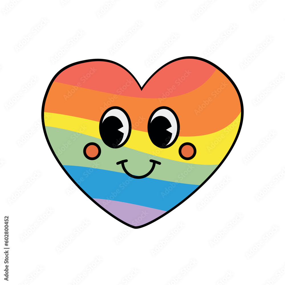 Vector groovy lgbt rainbow heart with face isolated on white background