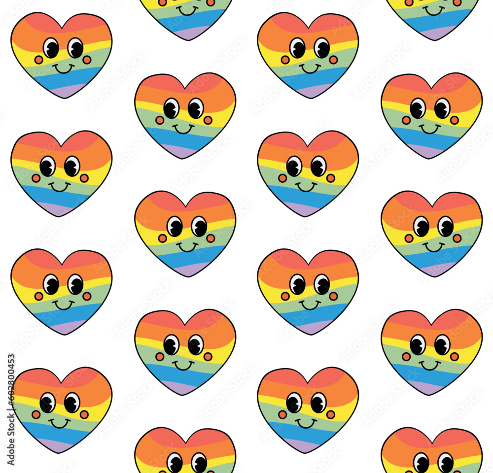 Vector seamless pattern of groovy lgbt rainbow heart with face isolated on white background Vector seamless pattern of groovy lgbt rainbow heart with face isolated on white background