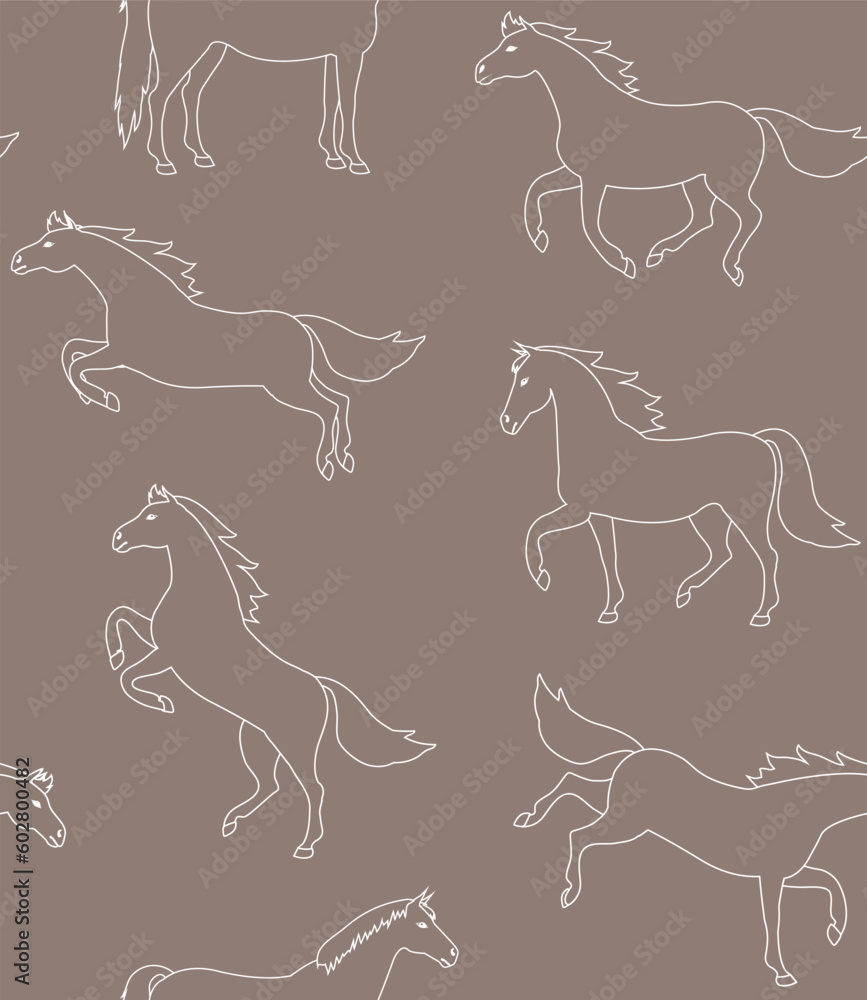 Vector seamless pattern of flat hand drawn outline horse isolated on brown background