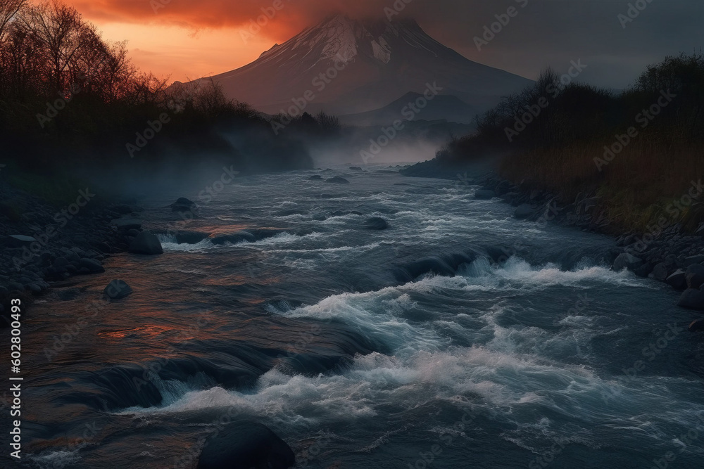 Photorealistic ai artwork of sunrise over a volcano. Generative ai.