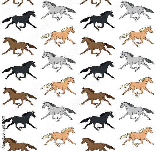 Vector seamless pattern of different color hand drawn doodle sketch trotter horse isolated on white background