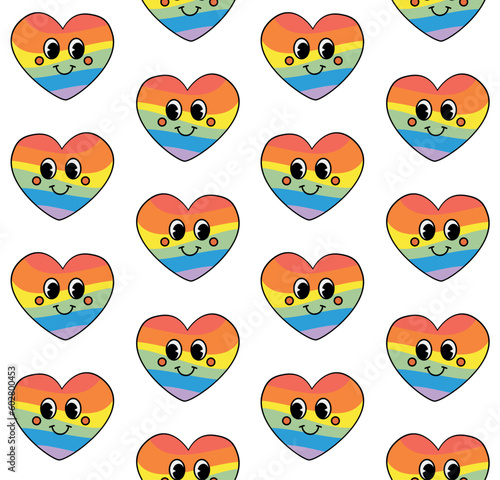 Vector seamless pattern of groovy lgbt rainbow heart with face isolated on white background