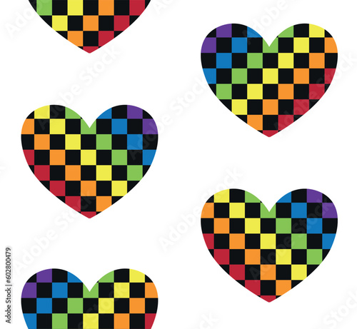 Vector seamless pattern of flat checkered chessboard lgbt flag heart isolated on white background