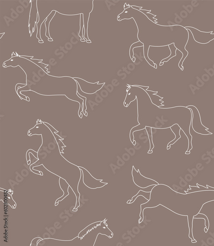 Vector seamless pattern of flat hand drawn outline horse isolated on brown background