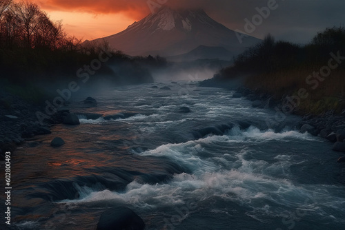Photorealistic ai artwork of sunrise over a volcano. Generative ai.