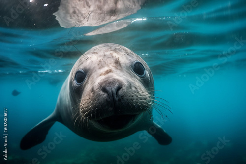 Photorealistic ai artwork of a curious seal swimming underwater and looking into the camera. Generative ai.