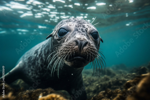 Photorealistic ai artwork of a curious seal swimming underwater and looking into the camera. Generative ai.