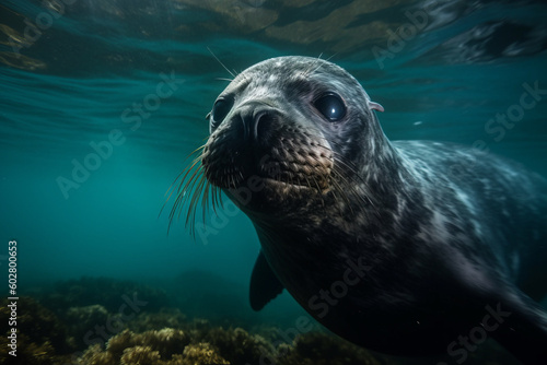 Photorealistic ai artwork of a curious seal swimming underwater looking into the camera. Generative ai.
