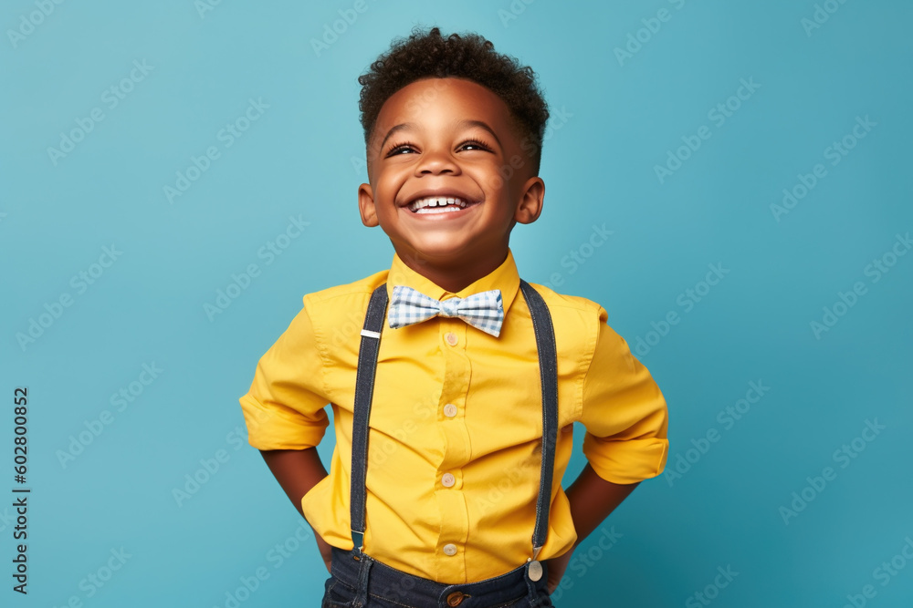 African American kid on blue studio background, black child portrait