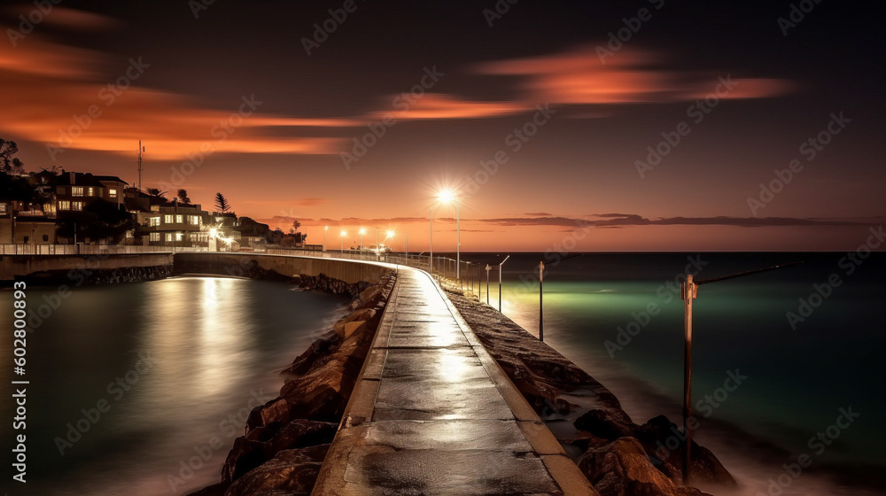 Photorealistic ai artwork of a pier at sunset. Long exposure style image. Generative ai.