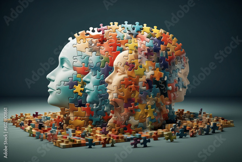 Photorealistic ai artwork of abstract head sculptures made from jigsaw puzzle pieces. Generative ai.