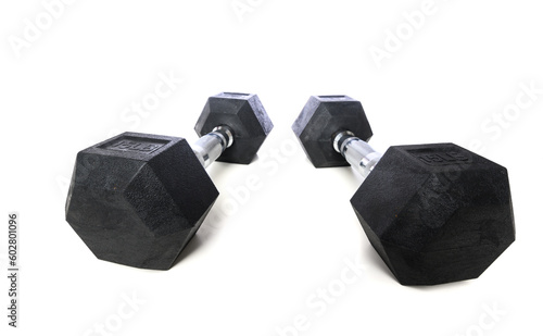 Black and silver dumbbells on a white background