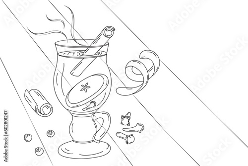 Freehand outline drawing of glass cup with mulled wine, cinnamon stick, cloves and apple slice. EPS